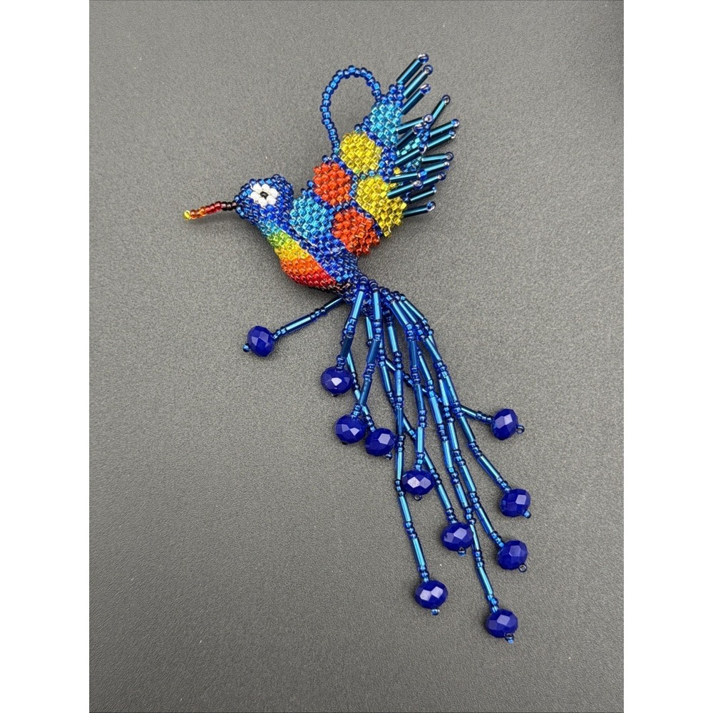 Vintage Beautiful Glass Beaded Hummingbird Handmade Ornament Suncatcher Rainbow